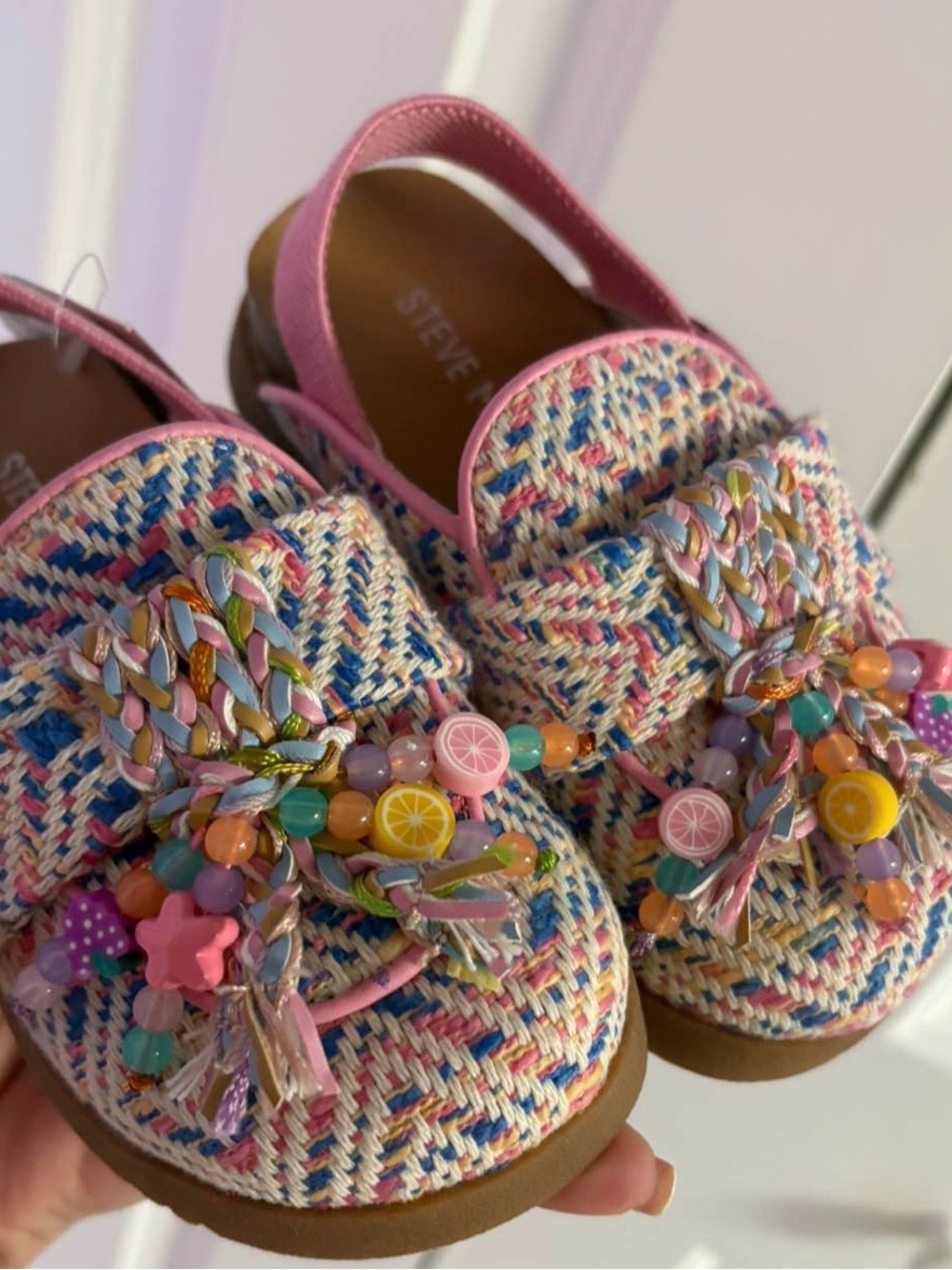 Steve Madden Kids Pink Multicolor Woven Tassel Loafers with Bead Charms